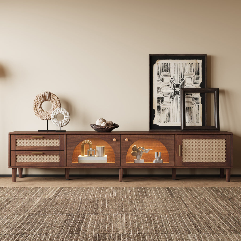 Dark brown NOVAHOME 86.6-inch rattan TV stand with LED lights