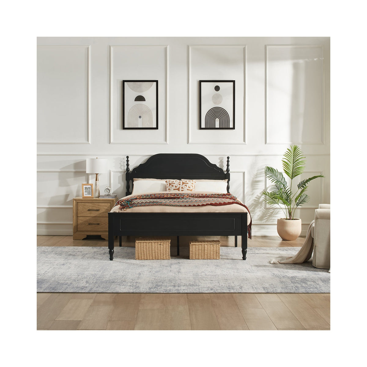 NOVAHOME black Queen platform bed with padded velvet headboard