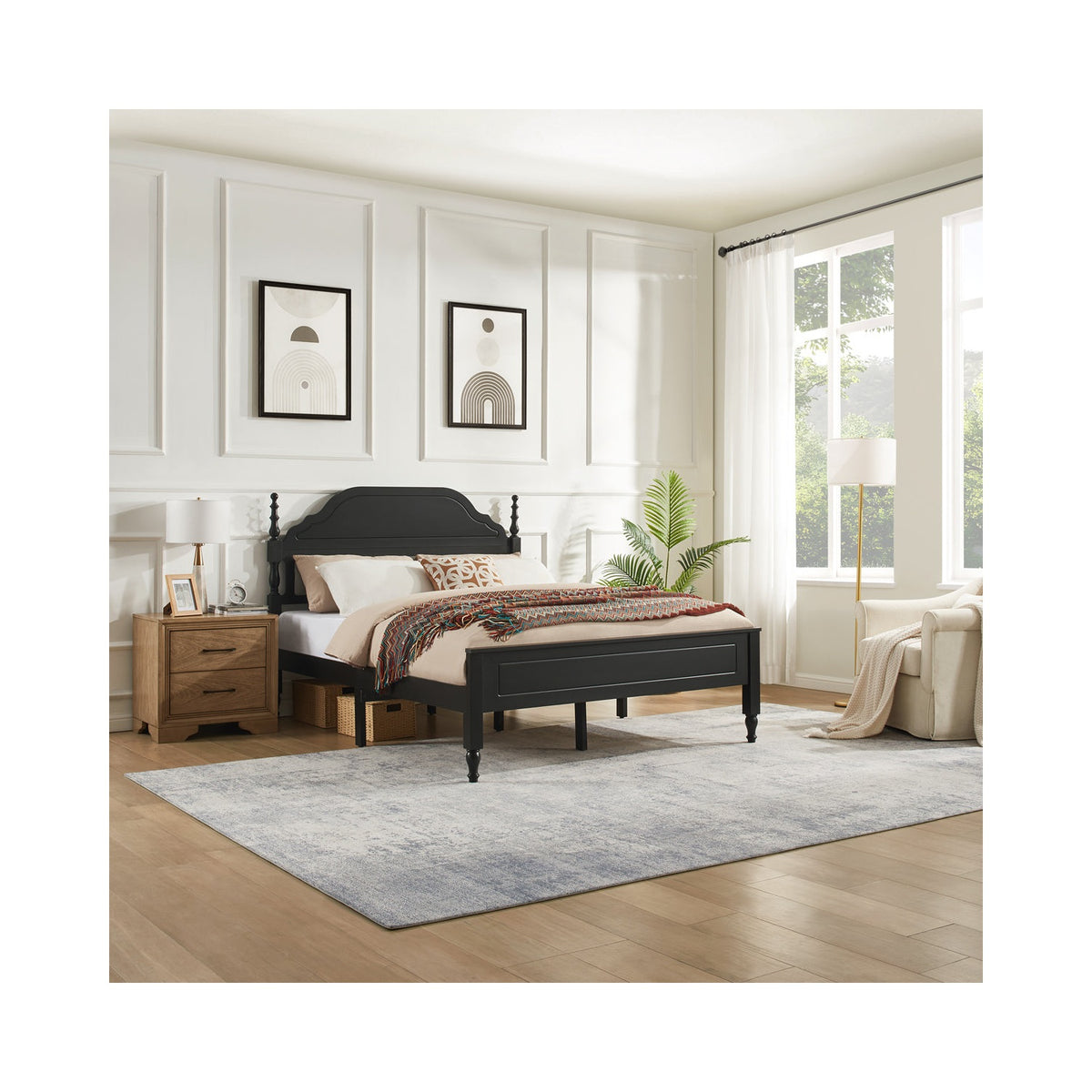Black Queen platform bed displayed in an elegant bedroom