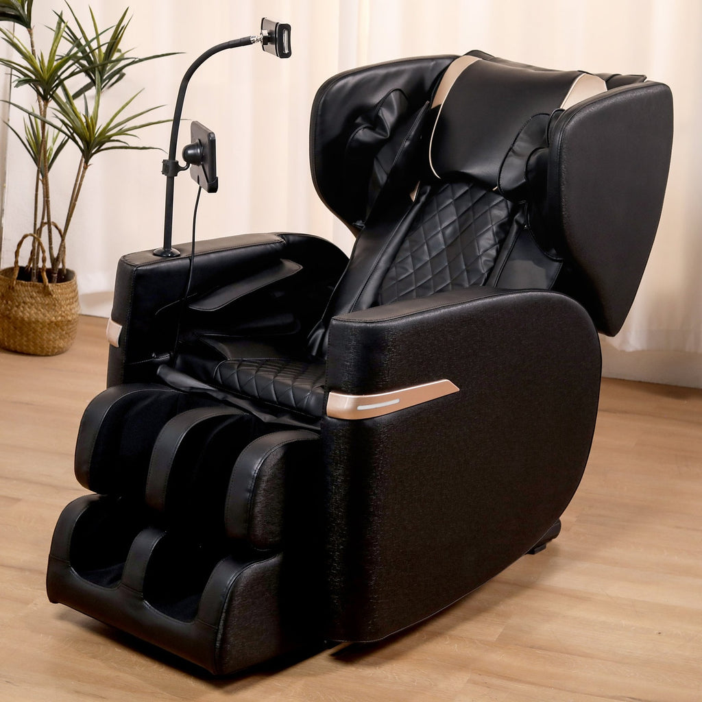 Black PU leather massage chair in a home relaxation setting