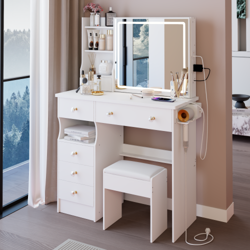 NOVAHOME 37-Inch Vanity Desk with LED Sliding Mirror, Power Outlets & Stool