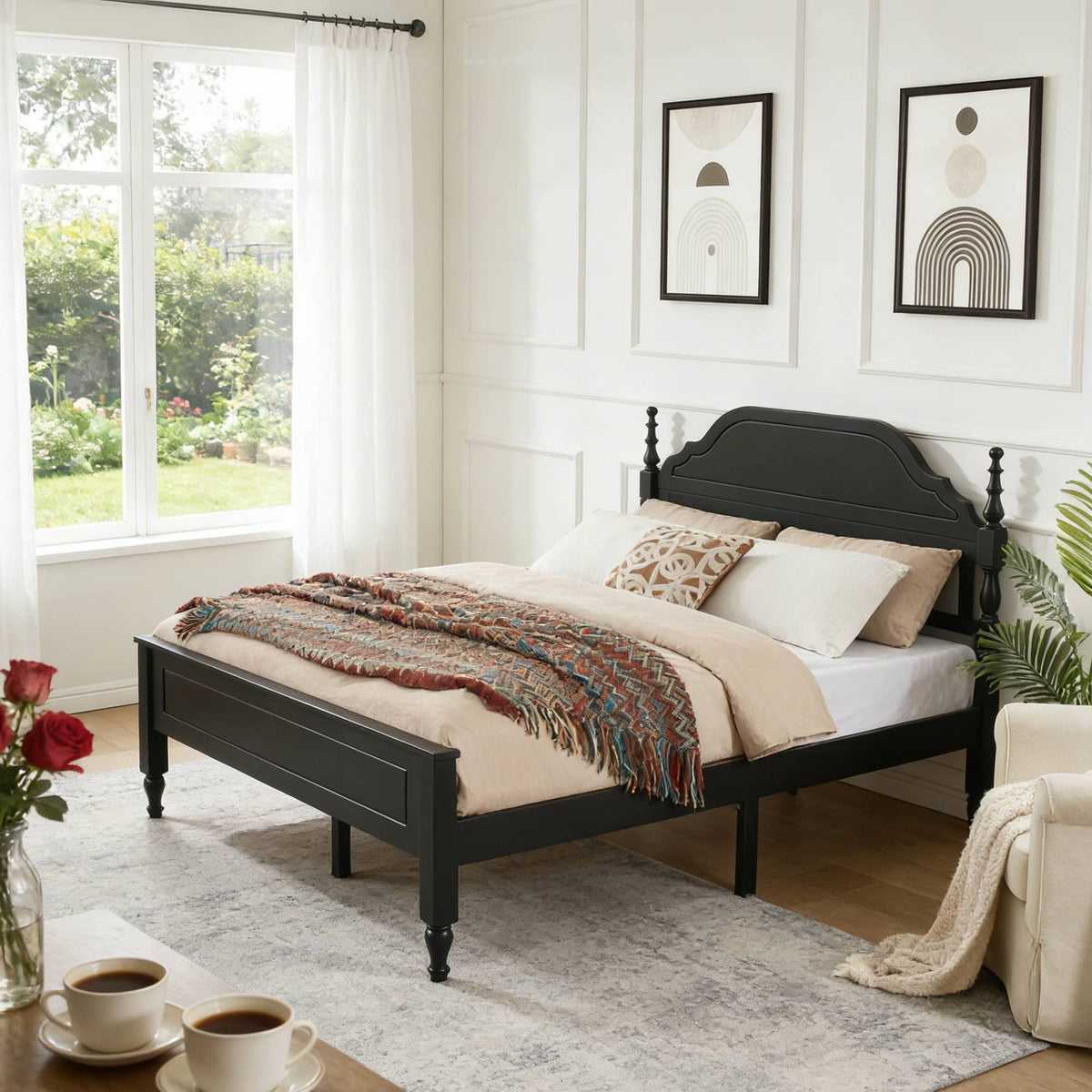 Curved padded velvet headboard and turned bedposts detail