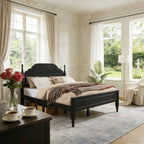 Queen platform bed frame with black velvet headboard