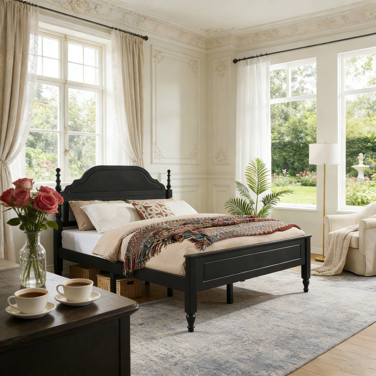 Queen platform bed frame with black velvet headboard