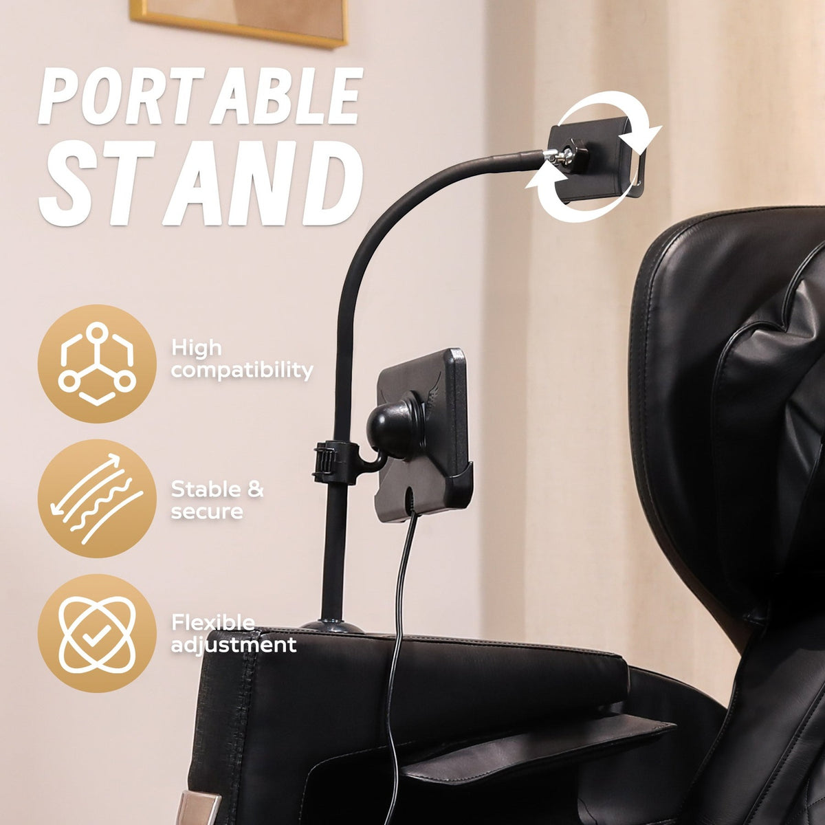 Adjustable phone and tablet stand on the massage chair armrest