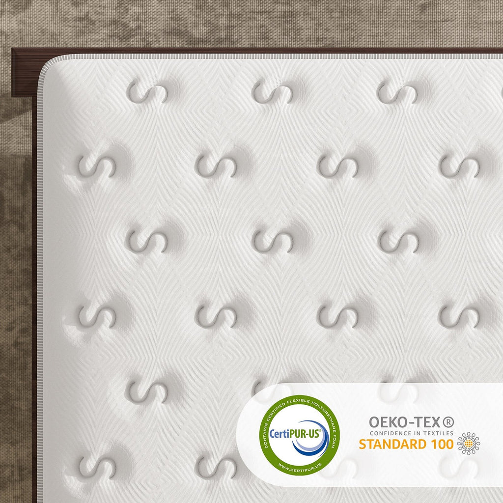 Quilted mattress cover with CertiPUR-US and OEKO-TEX certification graphics