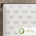 Quilted mattress cover with CertiPUR-US and OEKO-TEX certification graphics