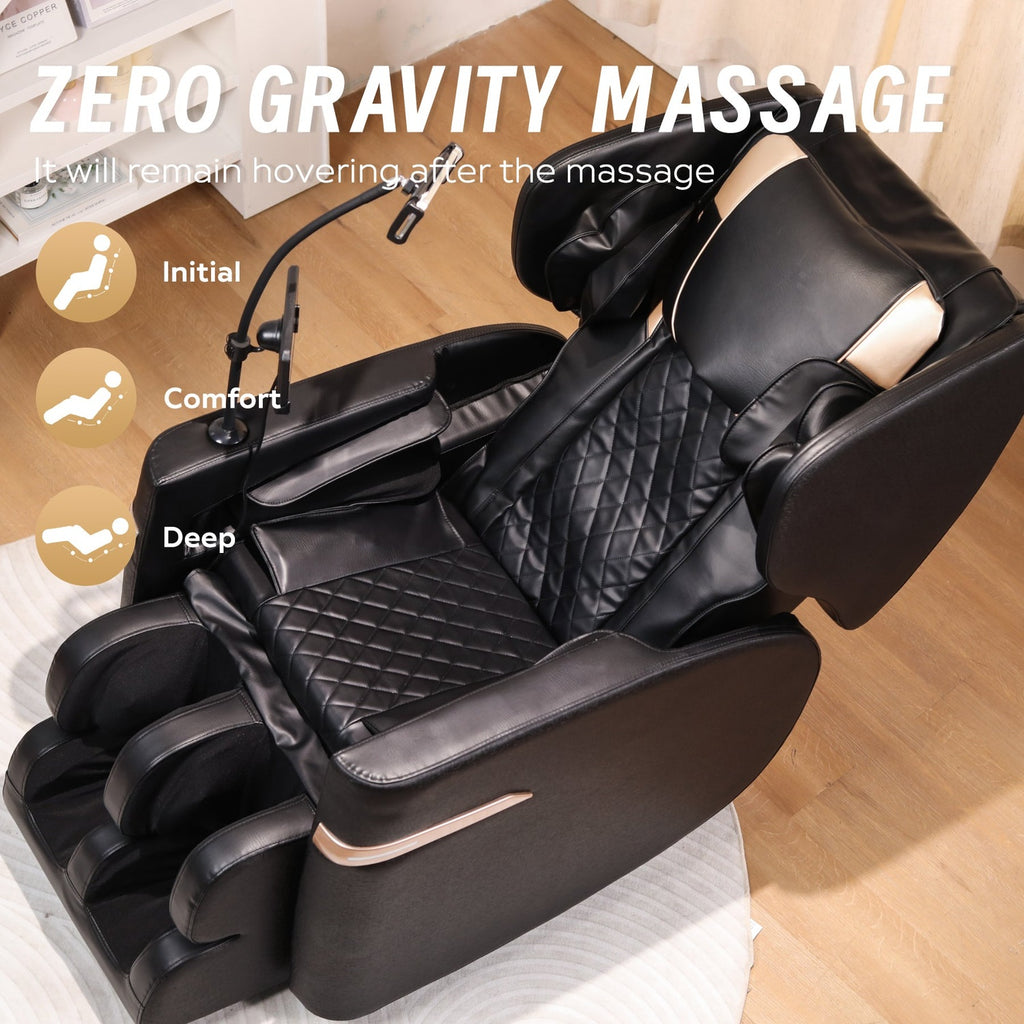 Black massage chair in zero gravity recline position