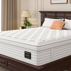 Close-up of white hybrid mattress on a dark wood bed frame