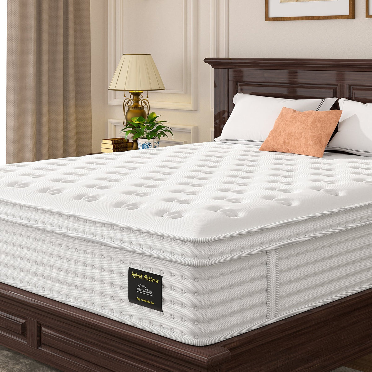 Close-up of white hybrid mattress on a dark wood bed frame