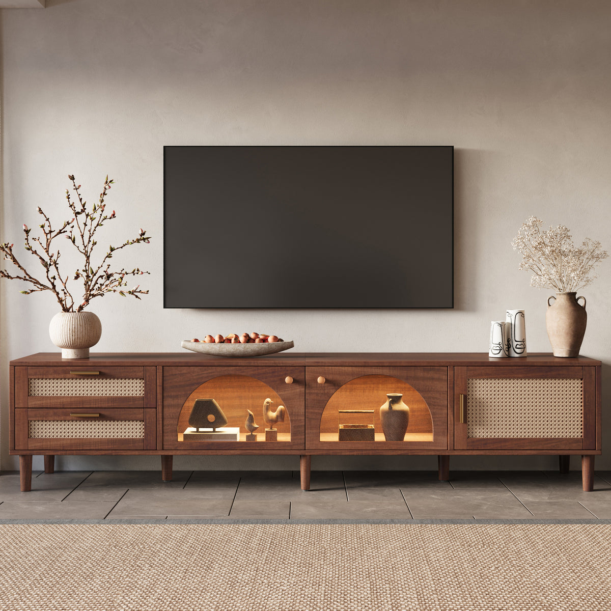 NOVAHOME rattan TV stand with app-controlled LED lighting