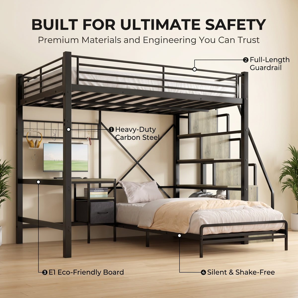 NOVAHOME Metal Loft Bed with Built-in Desk and Storage Stairs, L-Shaped Bunk Bed Frame with Lower Bed