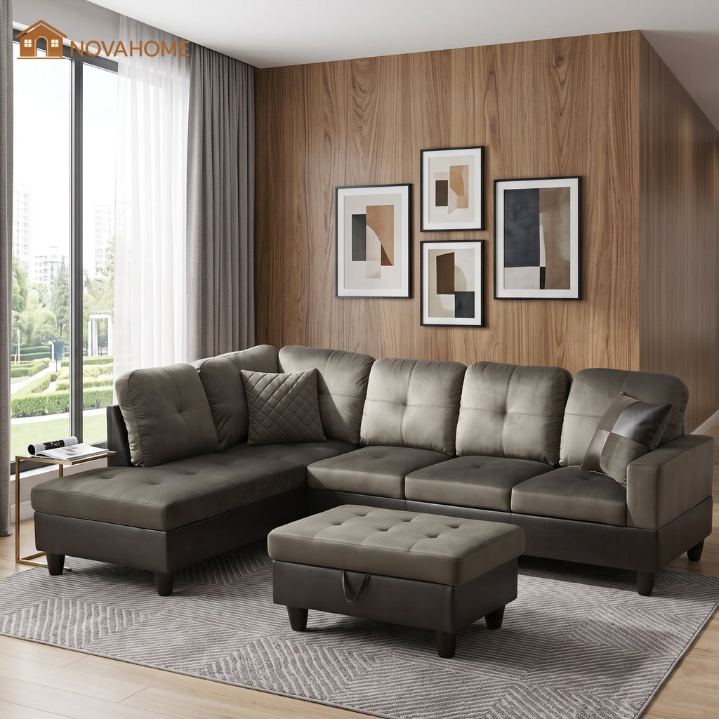 NOVAHOME 3-Piece Fabric Sectional Sofa Set with Storage Ottoman - product view 01