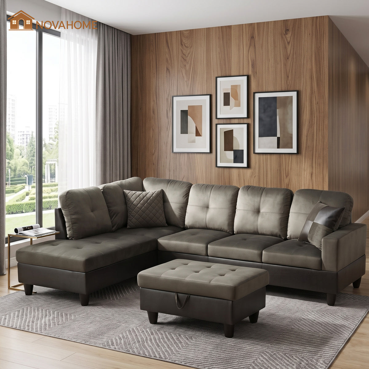 NOVAHOME 3-Piece Fabric Sectional Sofa Set with Storage Ottoman - product view 01