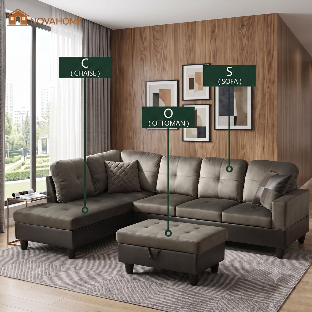 NOVAHOME 3-Piece Fabric Sectional Sofa Set with Storage Ottoman - product view 02
