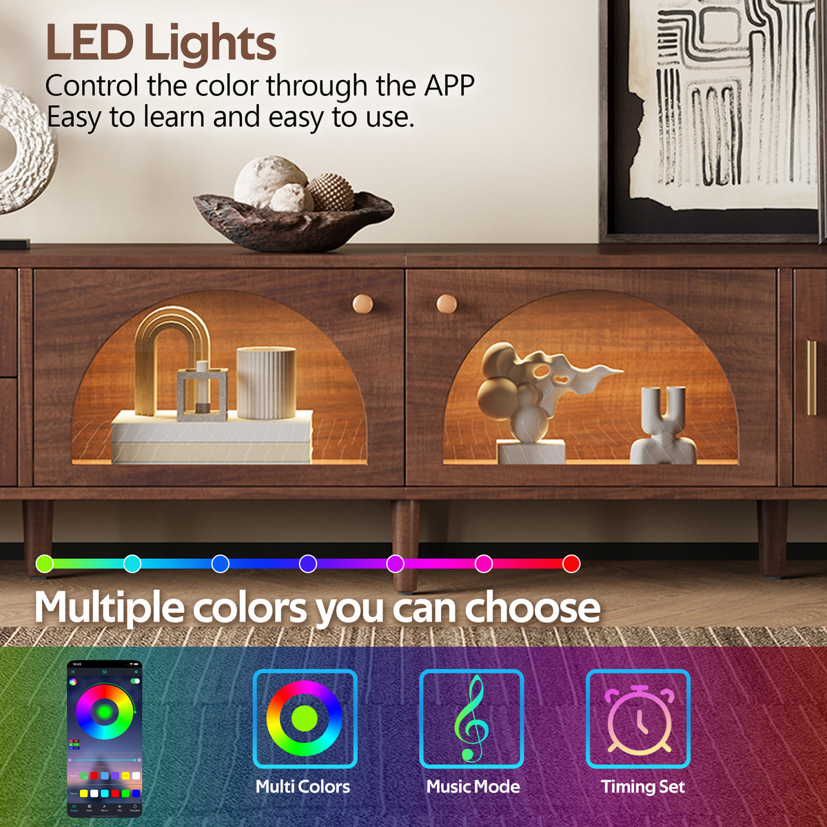 App-controlled multicolor LED lighting on dark brown TV stand