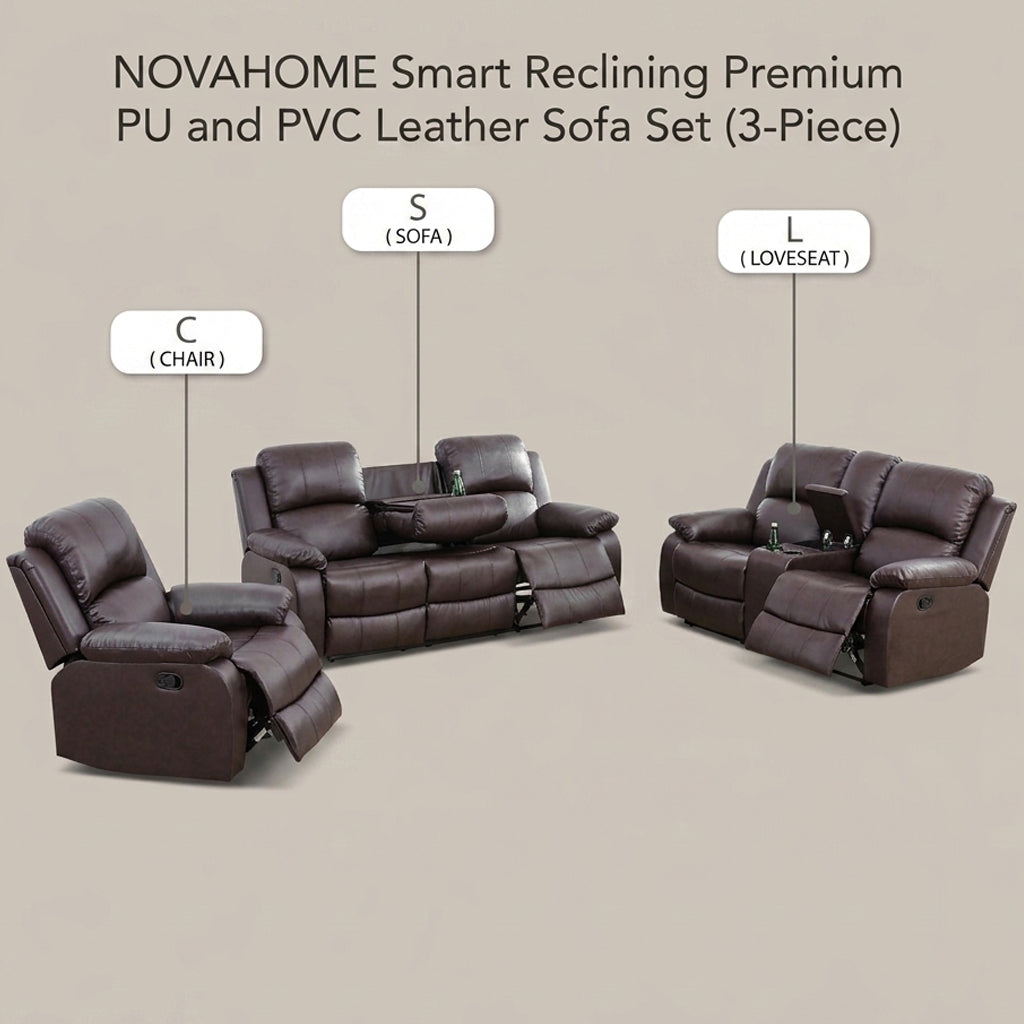 NOVAHOME Manual Reclining PU/PVC Sofa Collection with Consoles