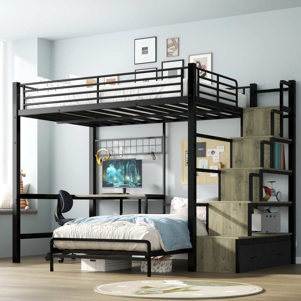 NOVAHOME Metal Loft Bed with Built-in Desk and Storage Stairs, L-Shaped Bunk Bed Frame with Lower Bed