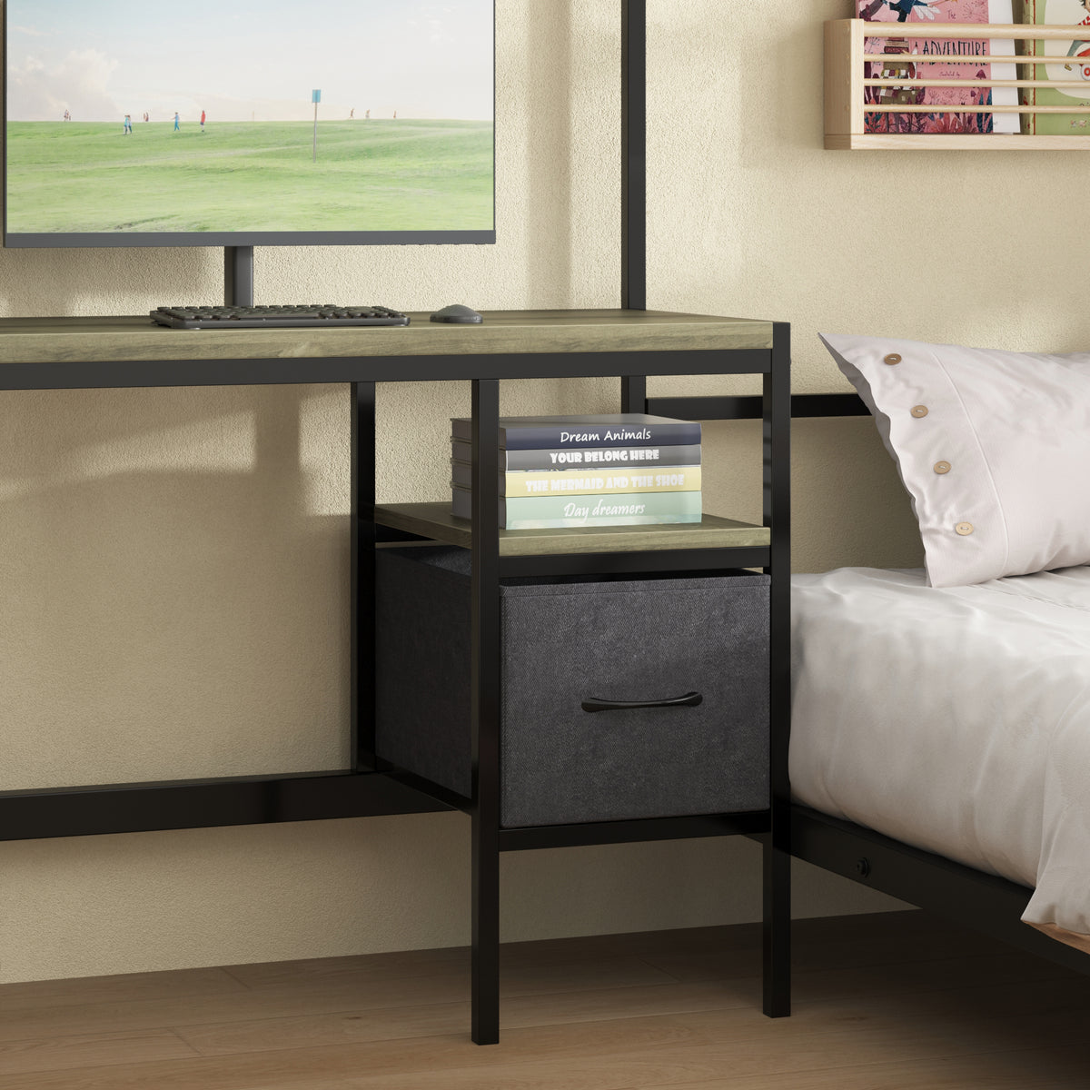 NOVAHOME Metal Loft Bed with Built-in Desk and Storage Stairs, L-Shaped Bunk Bed Frame with Lower Bed