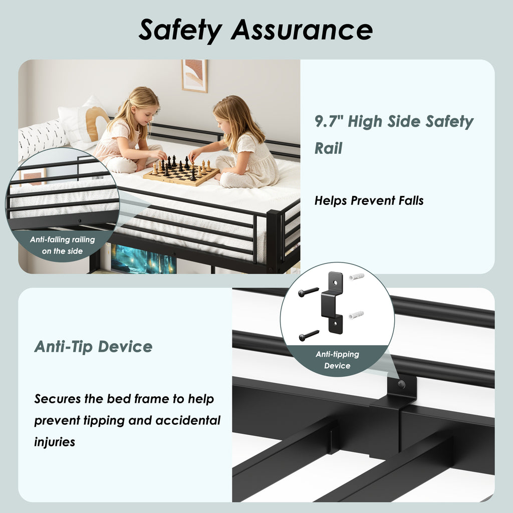 NOVAHOME Metal Loft Bed with Built-in Desk and Storage Stairs, L-Shaped Bunk Bed Frame with Lower Bed