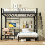 NOVAHOME Metal Loft Bed with Built-in Desk and Storage Stairs, L-Shaped Bunk Bed Frame with Lower Bed