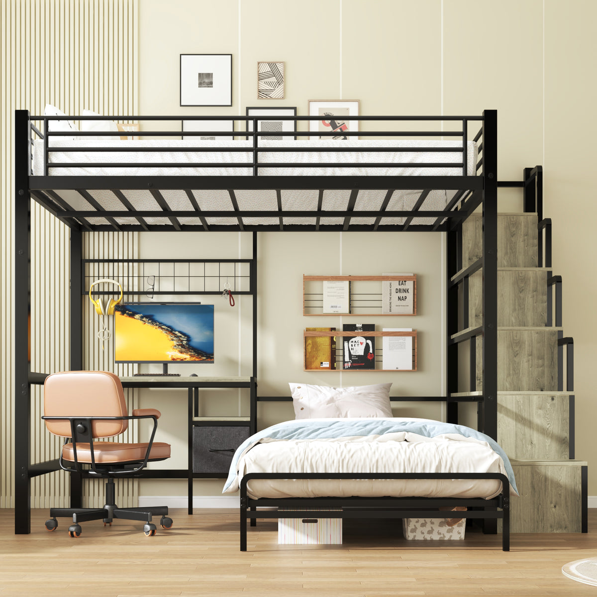 NOVAHOME Metal Loft Bed with Built-in Desk and Storage Stairs, L-Shaped Bunk Bed Frame with Lower Bed
