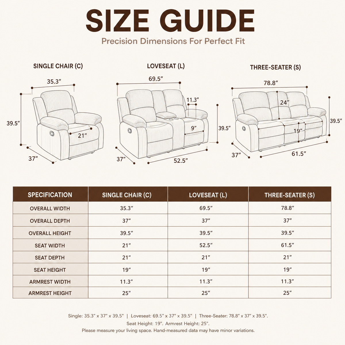 NOVAHOME Smart Reclining Premium Corduroy Sofa Set (3-Piece)