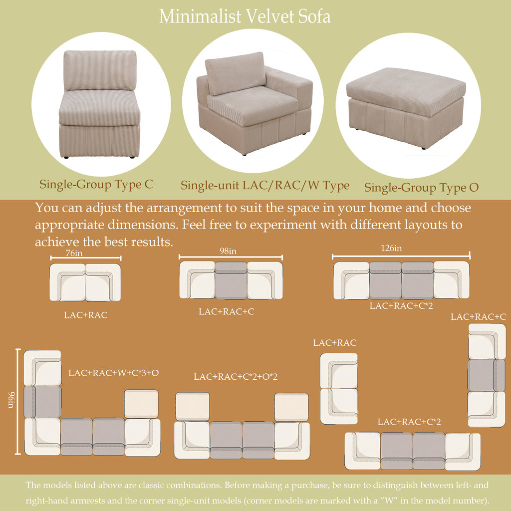 NOVAHOME Beige Corduroy 7-Piece Modular Sectional Sofa Set with Ottoman