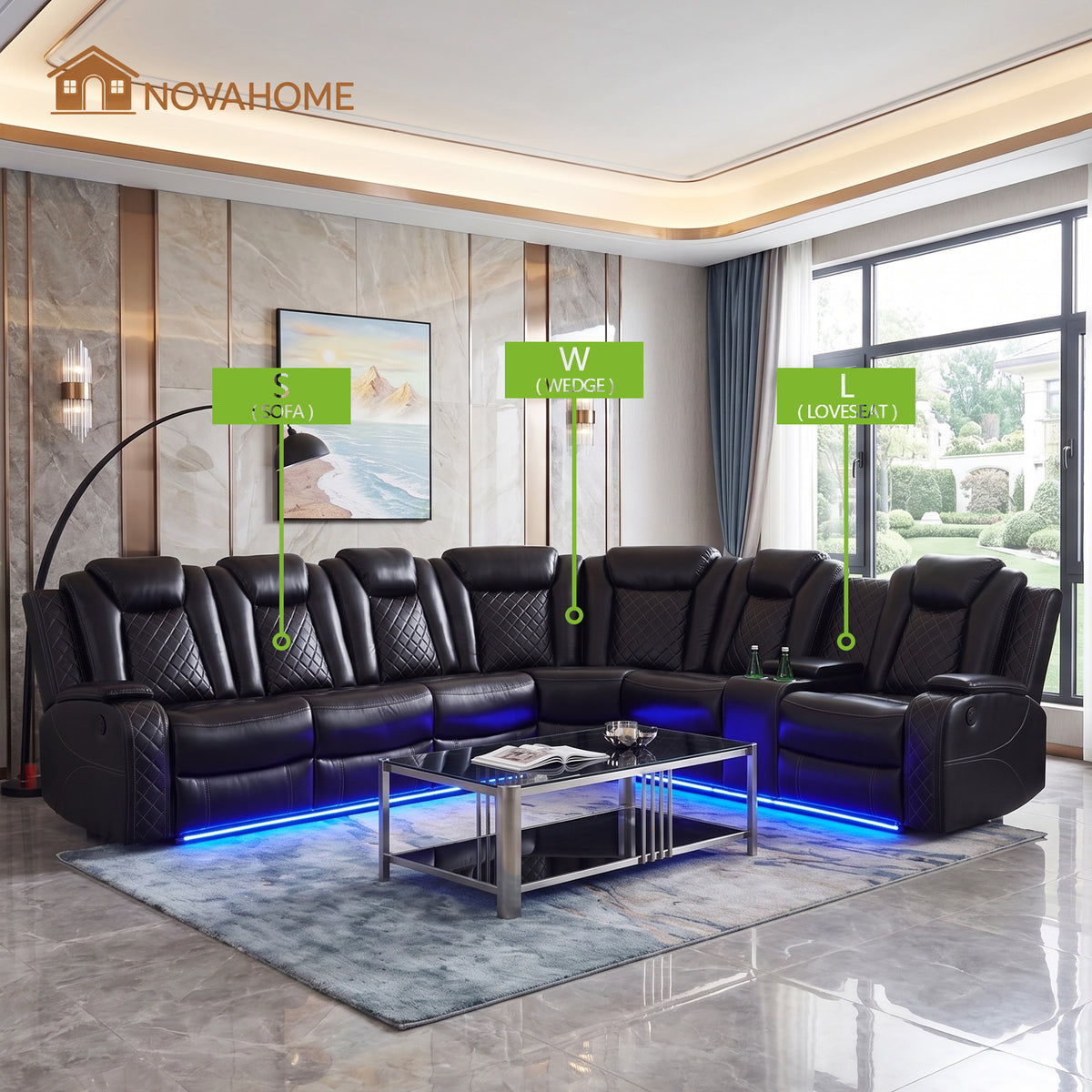 NOVAHOME Leather Power Recliner Sectional with LED - product view 02
