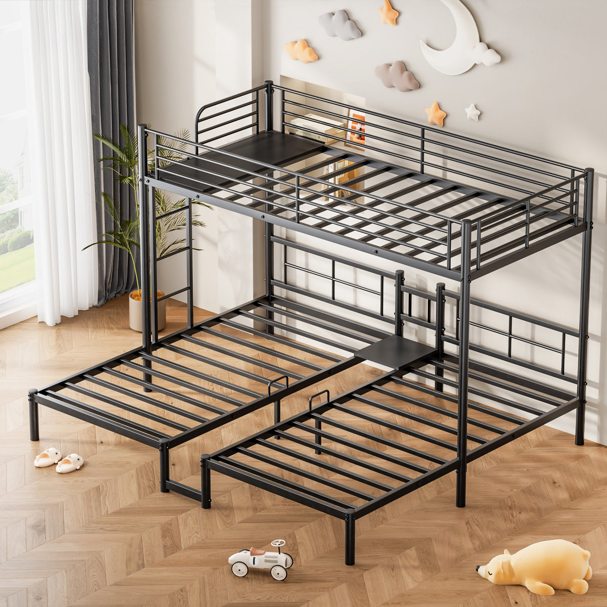 NOVAHOME Metal Triple Bunk Bed with Loft and Two Twin Beds