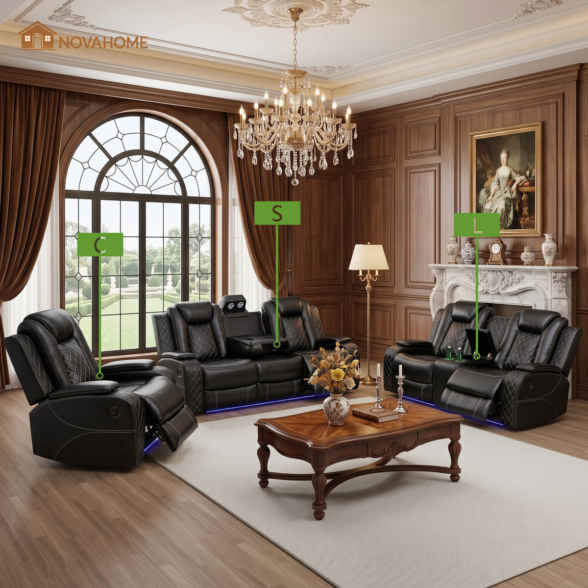NOVAHOME 2-Piece Leather Power Recliner Sofa Set with LED Lights - product view 02