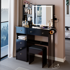 NOVAHOME 37-Inch Vanity Desk with LED Sliding Mirror, Power Outlets & Stool