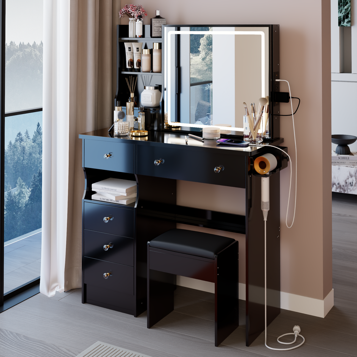 NOVAHOME 37-Inch Vanity Desk with LED Sliding Mirror, Power Outlets & Stool