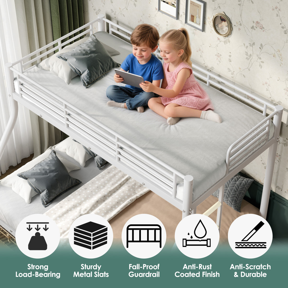 NOVAHOME Heavy Duty Metal Bunk Bed (Twin Over Full) - Space Saving & Noise-Free