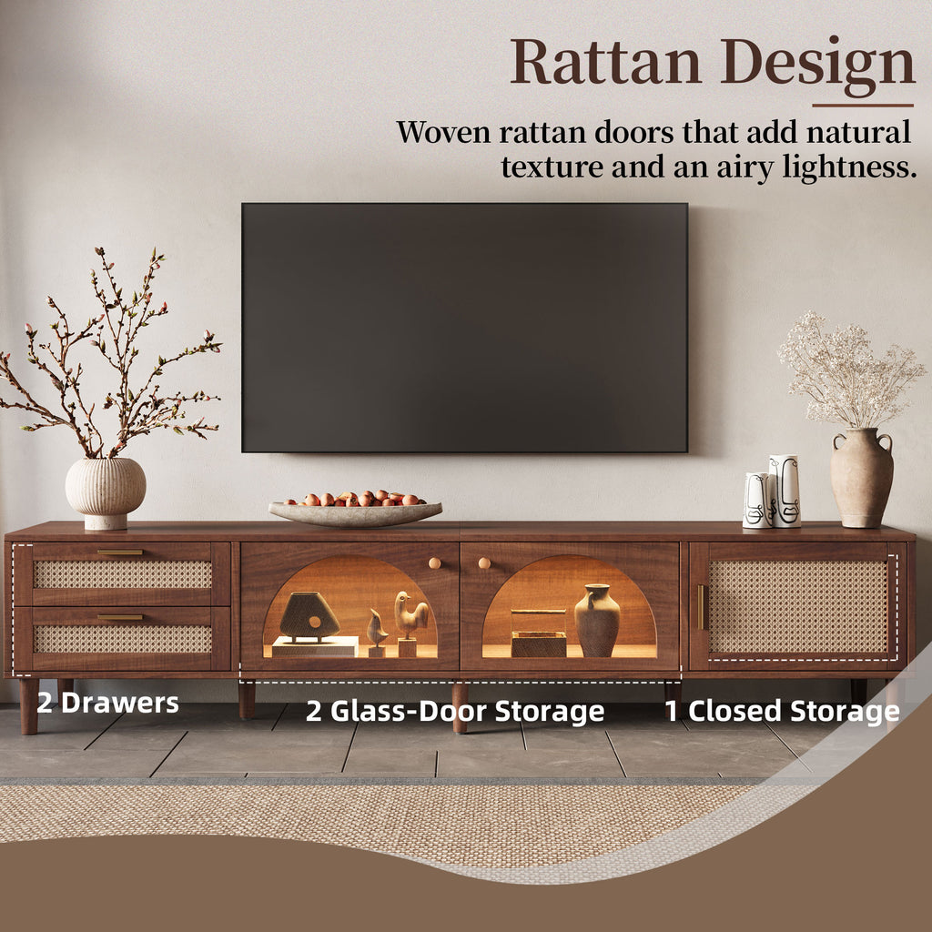 PE rattan door texture and glass display storage on TV stand
