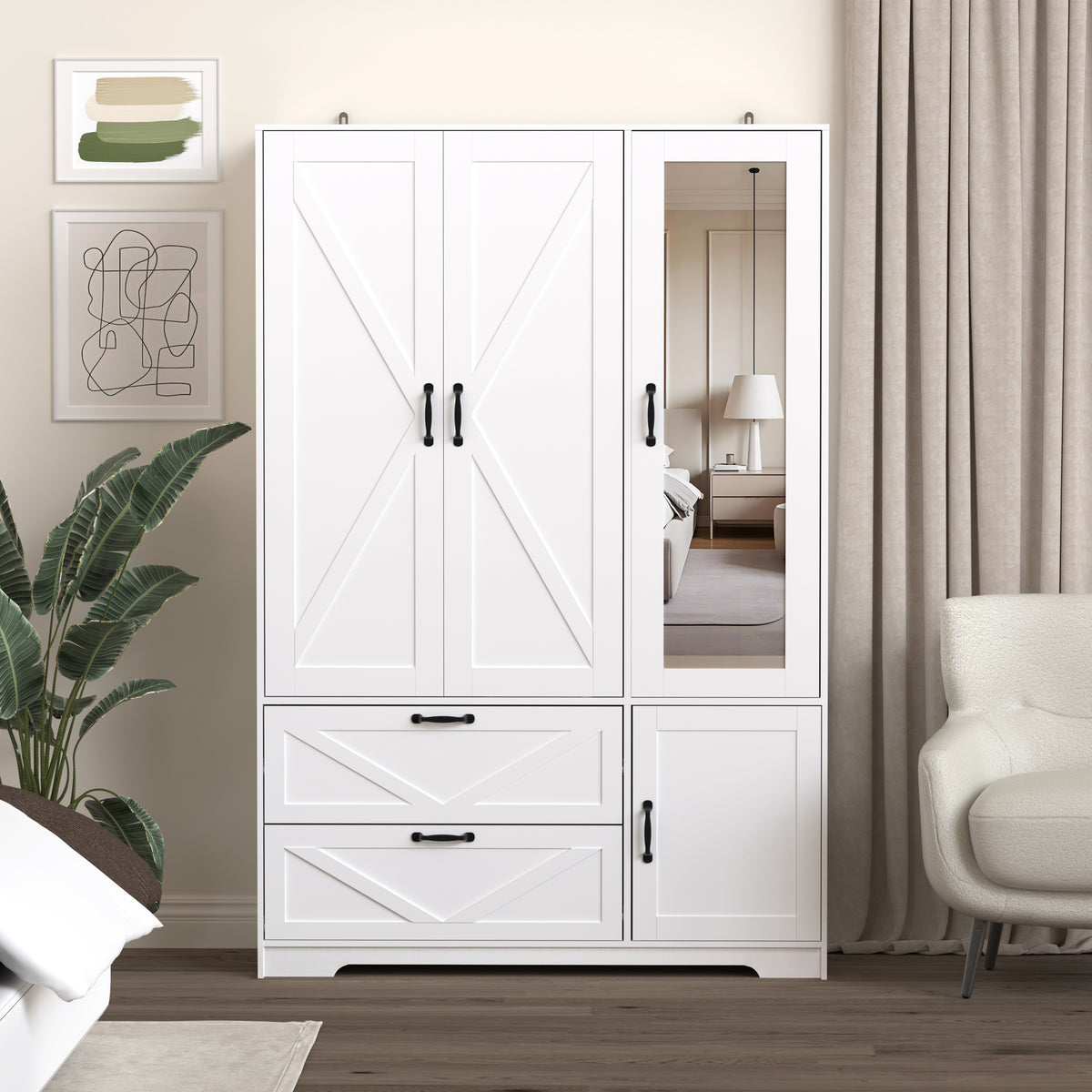 NOVAHOME 72-Inch 4-Door LED Wardrobe with Mirror, 2 Drawers & Hanging Rod
