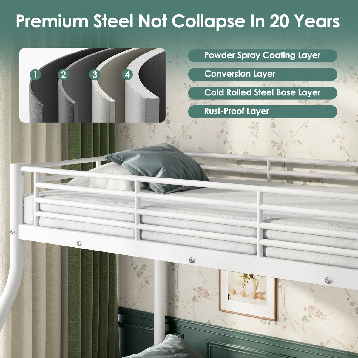 NOVAHOME Heavy Duty Metal Bunk Bed (Twin Over Full) - Space Saving & Noise-Free