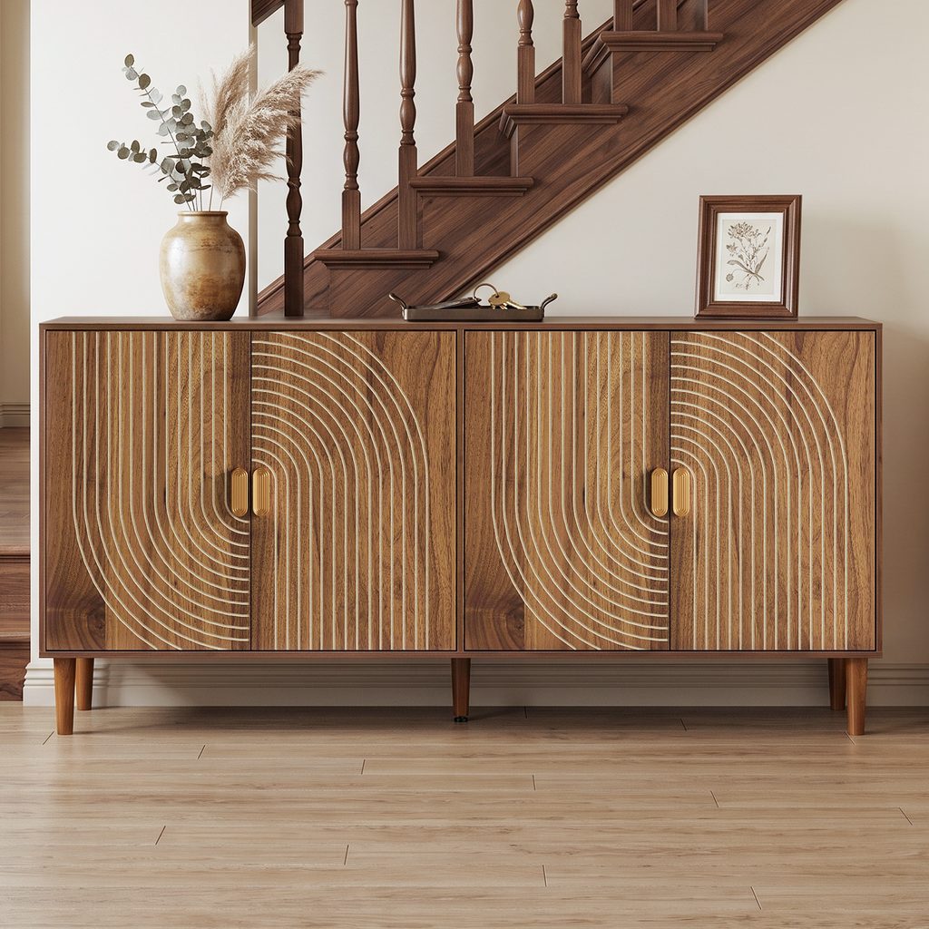 NOVAHOME 62.3″ Fluted Walnut Sideboard with 4 Doors
