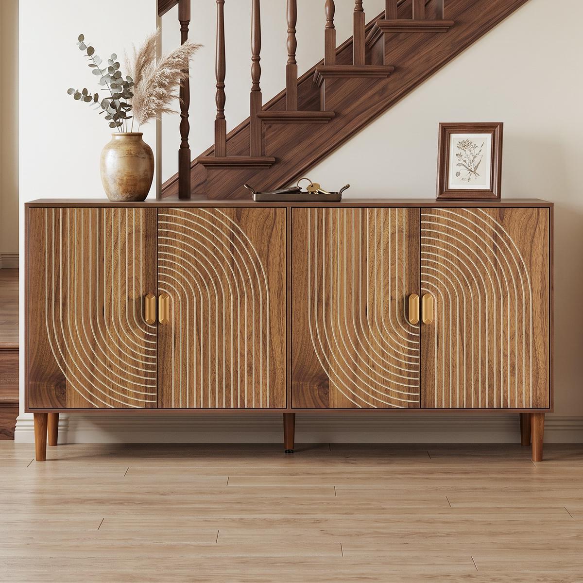 NOVAHOME 62.3″ Fluted Walnut Sideboard with 4 Doors