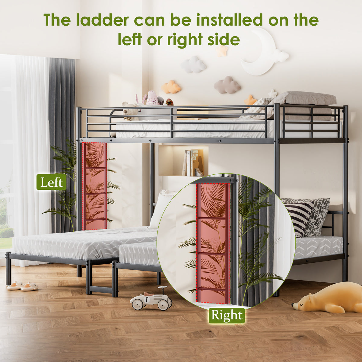 NOVAHOME Metal Triple Bunk Bed with Loft and Two Twin Beds