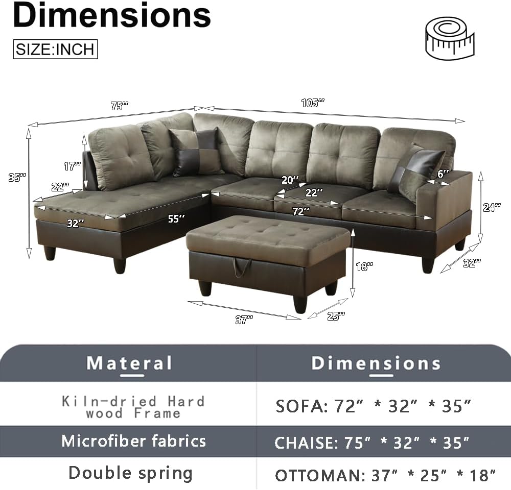 NOVAHOME 3-Piece Fabric Sectional Sofa Set with Storage Ottoman - product view 03