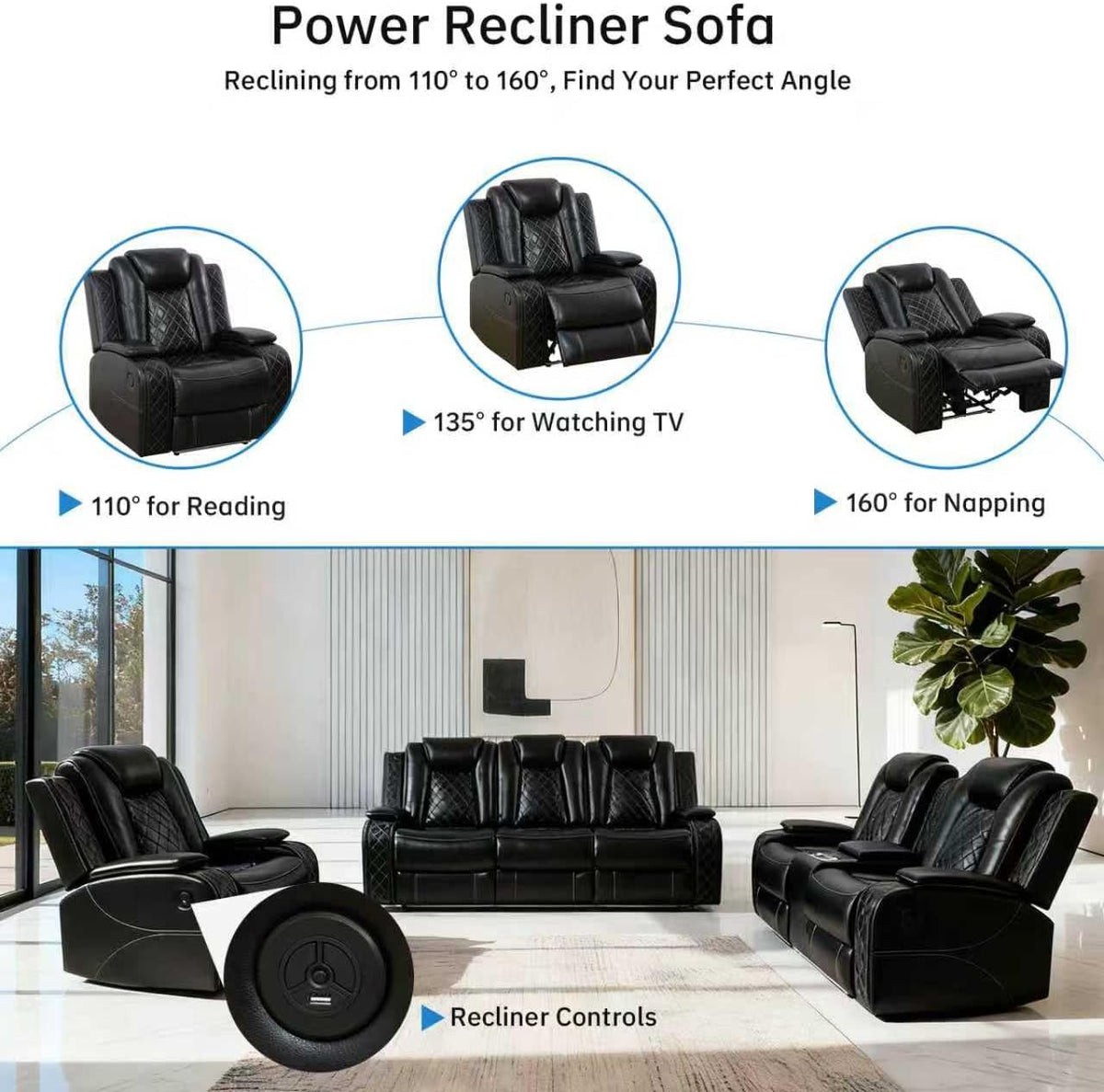 NOVAHOME 2-Piece Leather Power Recliner Sofa Set with LED Lights - product view 05