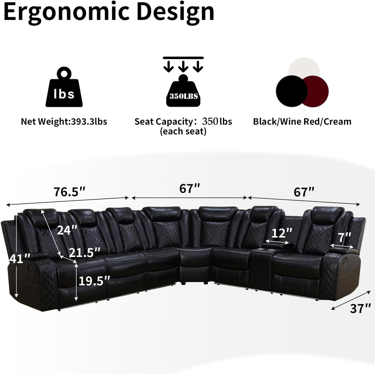 NOVAHOME Leather Power Recliner Sectional with LED - product view 03