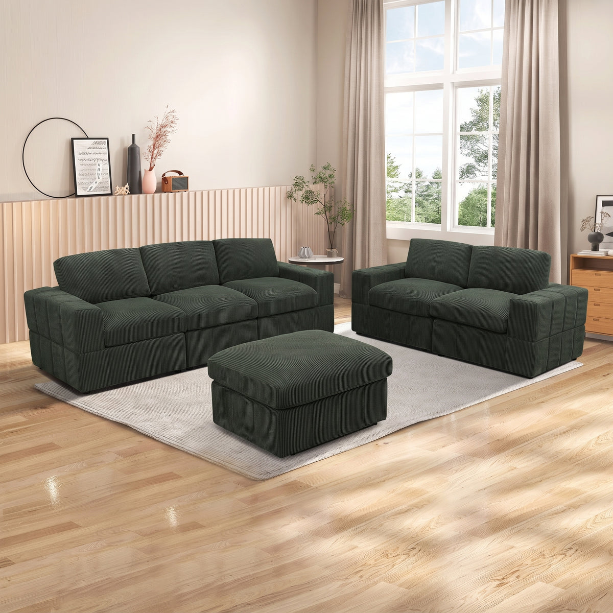 NOVAHOME Beige Corduroy 7-Piece Modular Sectional Sofa Set with Ottoman