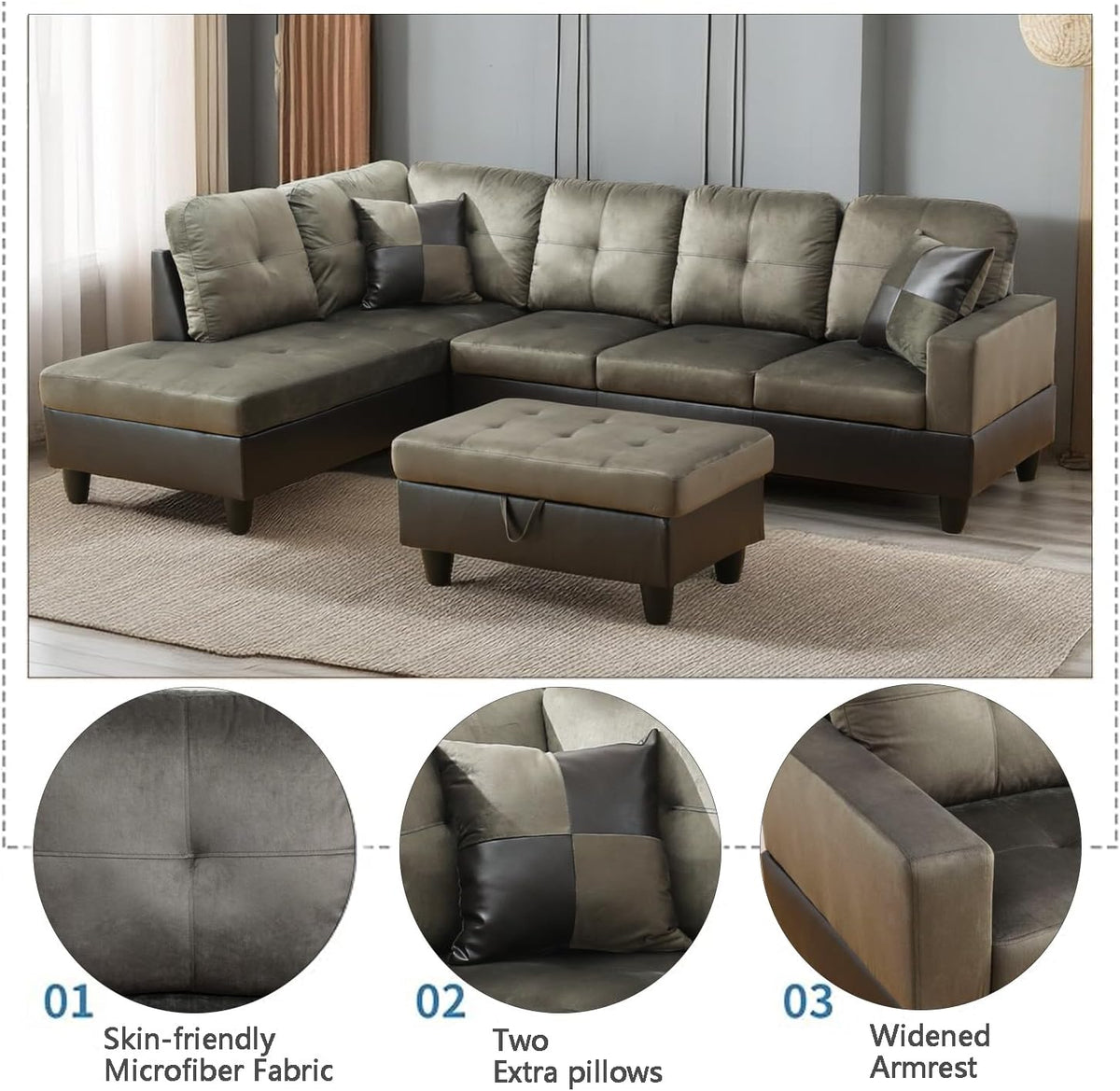 NOVAHOME 3-Piece Fabric Sectional Sofa Set with Storage Ottoman - product view 04