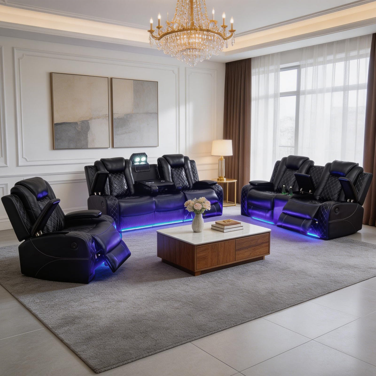 NOVAHOME 2-Piece Leather Power Recliner Sofa Set with LED Lights - product view 14
