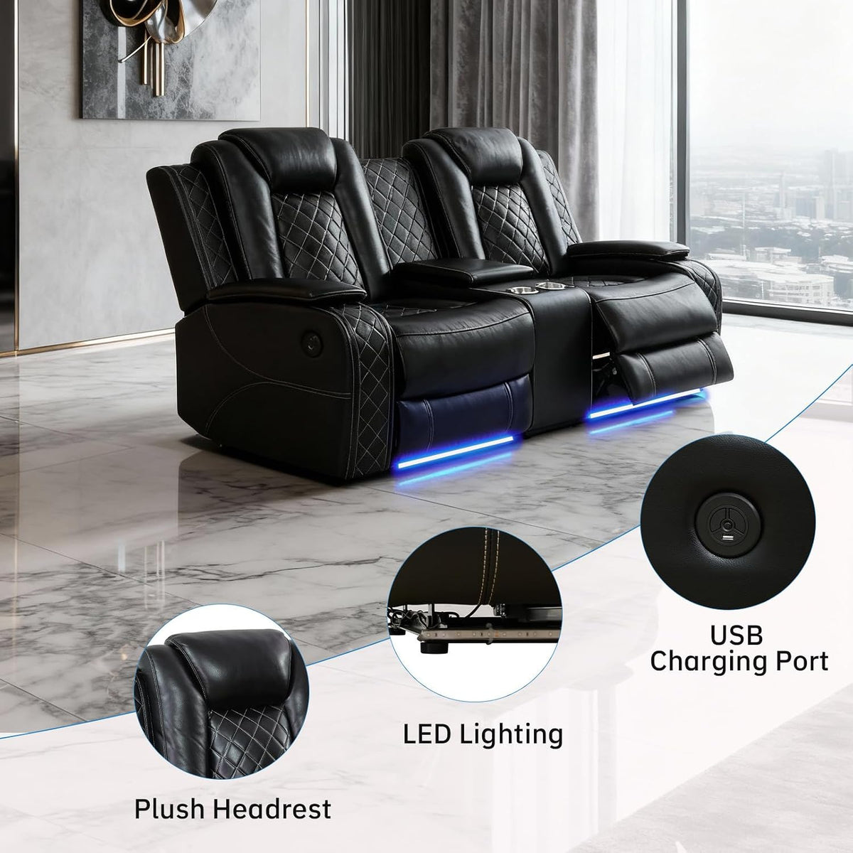 NOVAHOME 2-Piece Leather Power Recliner Sofa Set with LED Lights - product view 07