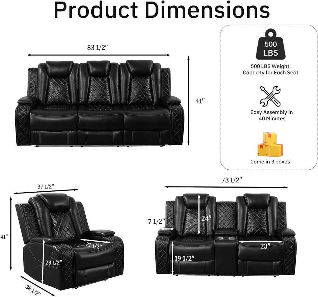 NOVAHOME 2-Piece Leather Power Recliner Sofa Set with LED Lights - product view 03