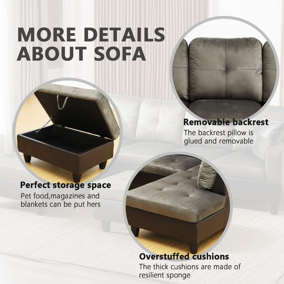 NOVAHOME 3-Piece Fabric Sectional Sofa Set with Storage Ottoman - product view 05