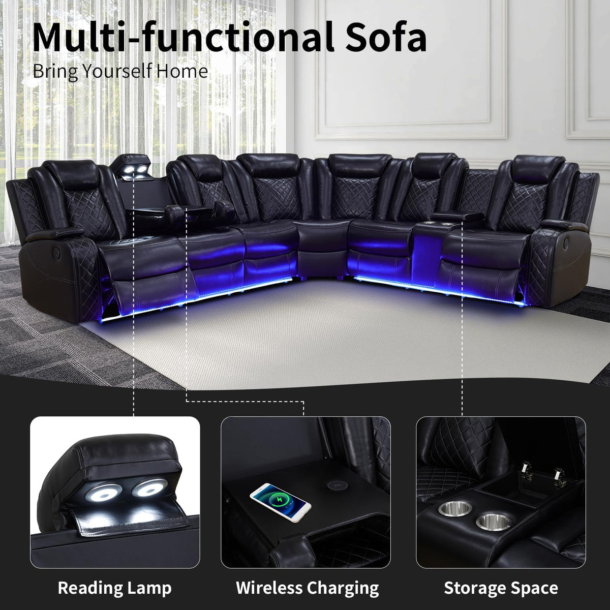 NOVAHOME Leather Power Recliner Sectional with LED - product view 05